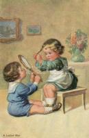 13 db háború előtti művészi Gyermek motívumlap, sok szignós / 13 Children topic cards