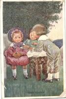 13 db háború előtti művészi Gyermek motívumlap, sok szignós / 13 Children topic cards