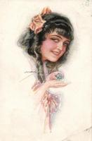 6 db háború előtti művészi, szignós Párok motívumlap, jó művészek / 6 Couples topic cards