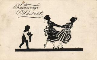 5 db háború előtti művészi Sziluett stílusú motívumlap, több szignós / 5 Silhouette motif cards