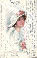 6 db háború előtti, jó minőségű művészi, szignós Hölgyek motívumlap, több jó művésszel (Usabal, Barber) / 6 Ladies postcards