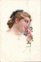 6 db háború előtti, jó minőségű művészi, szignós Hölgyek motívumlap, több jó művésszel (Usabal, Barb...