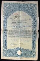 1917. A Magyar Korona Országai 6%-kal kamatozó Járadékkölcsön- államadóssági kötvénye 100K-ról. "Pesti Magyar Kereskedelmi Bank Sporoni B." bélyegzővel