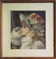 Lányt kalapban ábrázoló gobelin keretben 40x44cm