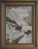 cca 1920 Téli erdőn, gobelin üvegezett fa keretben 43x56 cm