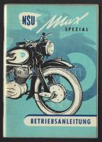 NSU Max spezial típusú motorkerékpár használati útmutatója részletes műszaki rajzokkal és adatokkal, szép állapotban, német nyelven