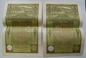 1920. 2db "Budapest Székesfőváros" kötelezvénye 1000K-ról szelvényekkel magyar és német nyelven.