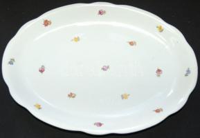 Apró virágokkal díszített Zsolnay jelzett porcelán tétel: 6db mélytányér, 1db pecsenyés tál, és egy ...