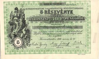 1926. "Kunszentmártoni Takarékpénztár Részvénytársaság" 5 részvénye 300P-ről szelvényekkel