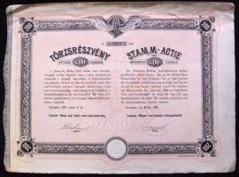 1896. "Temesvár-Módosi Helyi Érdekű Vasút Részvény-Társaság" Törzsrészvénye 200K-ról szelvényekkel és szárazpecséttel,német/magyar nyelven / 1896. "Timisoara-Módos Commuter rail corporation" common stock 200 Corona, with coupons in German and Hungarian