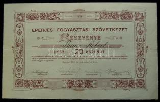 Eperjes 1905. "Eperjesi Fogyasztási Szövetkezet" Részvénye 20K-ról szelvényekkel