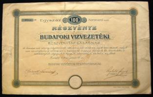 Budafok 1899. "Budafoki Vizvezetéki Részvénytársaság" részvénye 100K-ról, restaurált,de jó állapotban