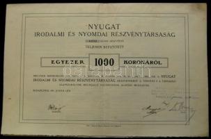 Budapest 1911. Nyugat Irodalmi és Nyomdai Részvénytársaság részvénye 1000K-ról, szelvényekkel és felülbélyegzéssel