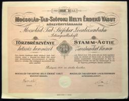 Budapest 1906. Mocsolád-Tab-Siófoki Helyi Érdekű Vasút Rt. Törzsrészvénye 200K-ról szelvényekkel és szárazpecséttel magyar/német nyelven