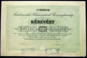 Balatonfüred 1921. "Balatonvidéki Villamosművek Részvénytársaság" részvénye 200K-ról szelvényekkel, lyukasztva és "Selejtezve" felülbélyegzéssel