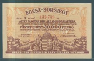 1929. Egész-sorsjegy 3P értékben az 53. Magyar Kir. Állami sorsjátékra T:II