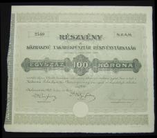 Kolozsvár 1907. " Közhasznú Takarékpénztár Részvénytársaság" részvénye 100K-ról szelvényekkel, szárazpecséttel