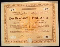 Budapest 1926. "Wodianer F. és Fiai Grafikai És Kiadóvállalt Részvénytársaság" részvénye 20P-ről szelvényekkel szárazpecséttel, magyar/német nyelven