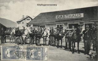 Military WWI Hungarian machine gun unit by a restaurant