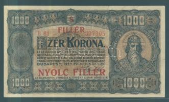 1923. 1000K "8 FILLÉR NYOLC FILLÉR" felülbélyegzéssel T:II+ (kissé restaurált)