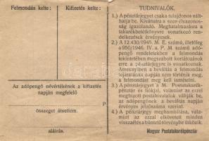 1946. 100.000AP pénztárjegy "Másra Át Nem Ruházható" és "M.Kir.Postatakarékpénztár 6....