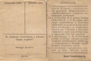 1946. 100.000AP pénztárjegy "Másra Át Nem Ruházható" és "M.Kir.Postatakarékpénztár T....