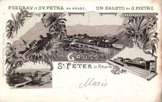 1898 St Peter na Krasu with railway station litho