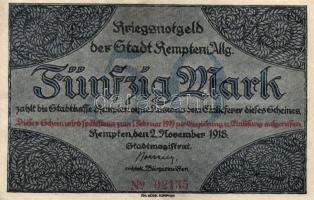 Német Birodalom/Weimari Köztársaság/Bajorország/Kempten 1918. 50M háborús szükségpénz T:II / Germany/Weimar Republic/Bavaria/Kempten 1918. 50 Mark necessity note C:XF