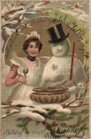 New Year, snowman Emb. litho (fl)