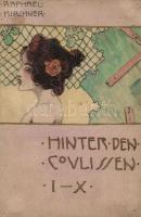Raphael Kirchner - Hinter den Coulissen. 10 darabos képeslapsorozat kézzel készített tervei, vegyes technika. Az első lap hiányzik, helyette egy borítóterv nyitja a sorozatot. A lapok többségén tűszúrás-nyom található, hátoldaluk nem képeslap felosztású.