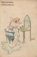 Raphael Kirchner - Hinter den Coulissen. 10 darabos képeslapsorozat kézzel készített tervei, vegyes ...