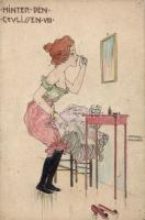 Raphael Kirchner - Hinter den Coulissen. 10 darabos képeslapsorozat kézzel készített tervei, vegyes ...