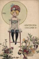Raphael Kirchner - Hinter den Coulissen. 10 darabos képeslapsorozat kézzel készített tervei, vegyes ...
