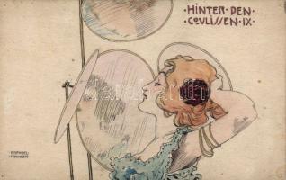 Raphael Kirchner - Hinter den Coulissen. 10 darabos képeslapsorozat kézzel készített tervei, vegyes ...