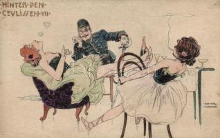 Raphael Kirchner - Hinter den Coulissen. 10 darabos képeslapsorozat kézzel készített tervei, vegyes ...