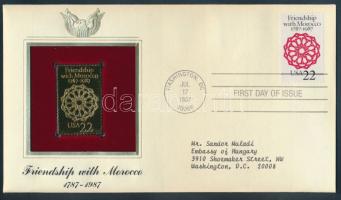 USA/Washington 1987. "Barátság Marokkóval- aranyozott bélyeg replika  borítékban, bélyeggel és elsőnapi bélyegzővel T:1 / USA/Washington 1987. "Friendship with Morocco-gilded stamp replica in envelop with First Day Issue stamp C:Unc