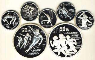Kínai Köztársaság 1990-1991. Komplett Bercelonai Olimpia sorozat 7db klf ezüst érmével, mint: 10Y Ag (5x) + 50Y Ag (2x155g!) T:PP Csak 10000db! /  China / Peoples Republic 1990-1991. 10 Yuan Ag (5x) + 50 Yuan (2x) 155g! complete "1992 Barcelona - 25th Summer Olympics" set! C:PP Only 10000 examples!