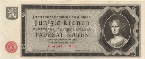 Német 3. Birodalom/Cseh-Morva Protektorátus/német megszállás 1940. 50K T:II / German Third Reich/Protectorate of Bohemia and Moravia/german occupation 1940. 50 Korun C:XF