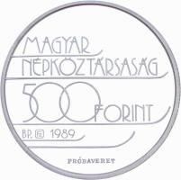 1989. 500Ft Ag "XVI. Téli Olimpia / Népköztársaság" PRÓBAVERET tervezet! T:PP Csak 50db! R!  Hungary 1989. 500 Forint Ag "Winter Olympics Albertville / Peoples Republic" "TRIAL STRIKE" unpublished essay! C:PP Only 50 examples! RARE Adamo EME28