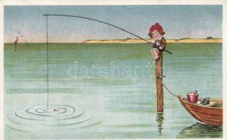 Child, fishing litho