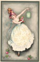 Italian art postcard, lady with lampion, Primus Pastella, Olasz művészlap, Hölgy lampionnal, Primus Pastella