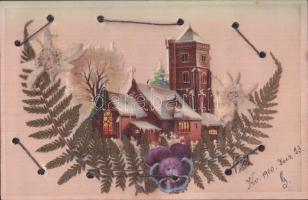 Christmas handmade litho postcard with real flowers