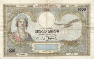 Jugoszlávia 1931. 1000D T:III/II- Yugoslavia 1931. 1000 Dinara C:F/VF