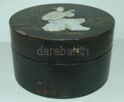Régi, csontberakásos japán fa-doboz / Japanese wooden-box with bone-inlay d:14cm