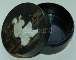 Régi, csontberakásos japán fa-doboz / Japanese wooden-box with bone-inlay d:14cm