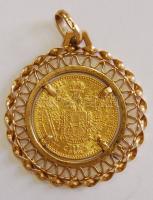 Ausztria 1915. 1D Au 3,49g utánveret, díszes 18K-os arany foglalatban, összesen 8,45g T:2