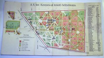 cca 1900 A X. ker. Kerepesi temető helyszínrajza/térképe neves sírok jegyzékével. (kis hibával) 60x30 cm