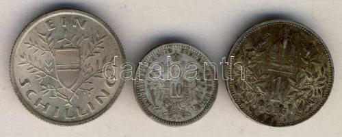 Ausztria 1872. 10Kr Ag + 1915. 1K Ag + 1926. 1Sch Ag T:3,2 Austria 1872. 10 Kreutzer Ag + 1915. 1 Corona Ag + 1926. 1Sch Ag C:F,XF