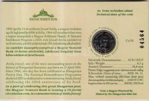 2005. 10Ft "József Attila" számozott emléklapon T:1 Csak 12000db!