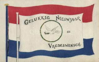 Gelukking Nieuwjaar en Vredeswensch / Newy Year, Dutch peace propaganda, flag, Újév, Holland béke propaganda, zászló